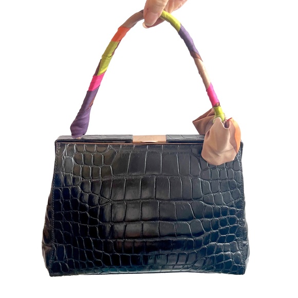 Miu Miu 90s Black Croc Embossed Leather Handbag with Scarf Handle Vintage Y2K - Picture 4 of 14